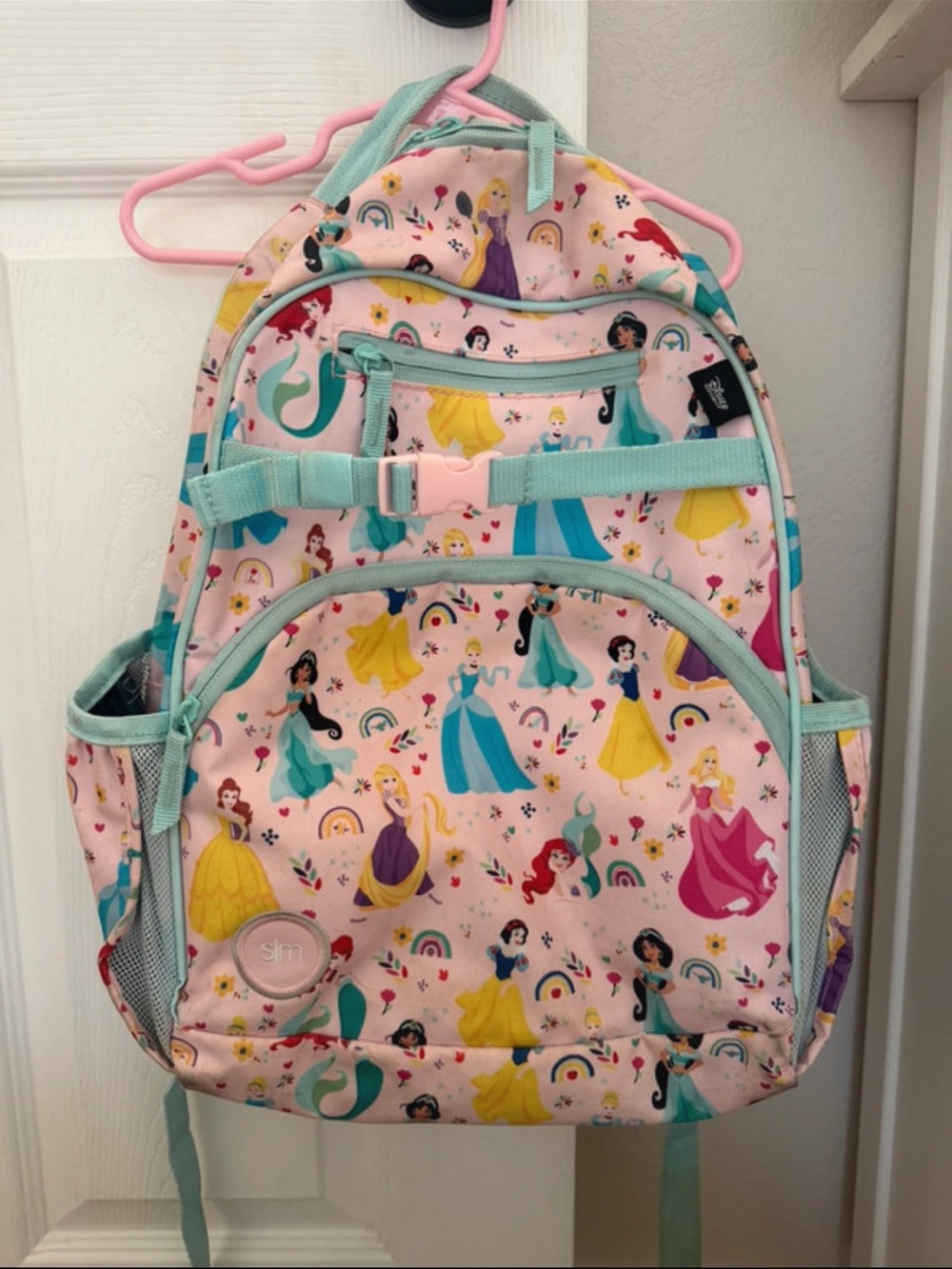 Girls' Pink Princess Print Backpack with Mint Trim